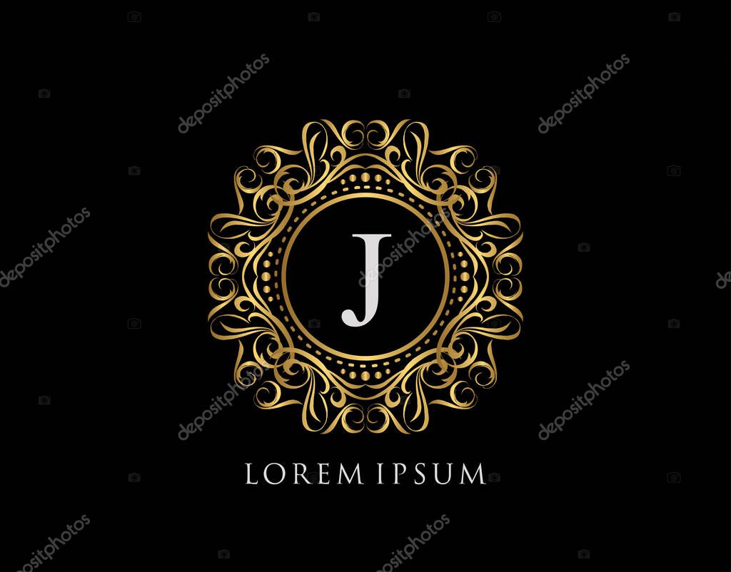 Calligraphic Badge with Letter J Design. Ornamental luxury golden logo design vector illustration.