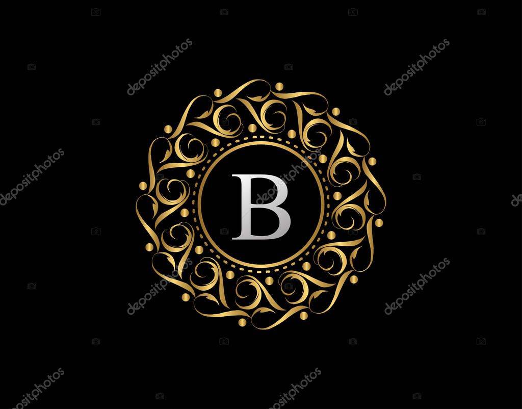 Gold Calligraphic Badge with Letter B Design. Ornamental luxury golden logo design vector illustration.