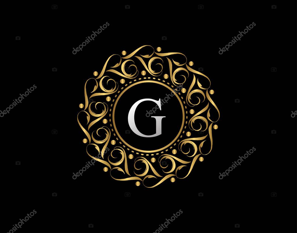 Gold Calligraphic Badge with Letter G Design. Ornamental luxury golden logo design vector illustration.