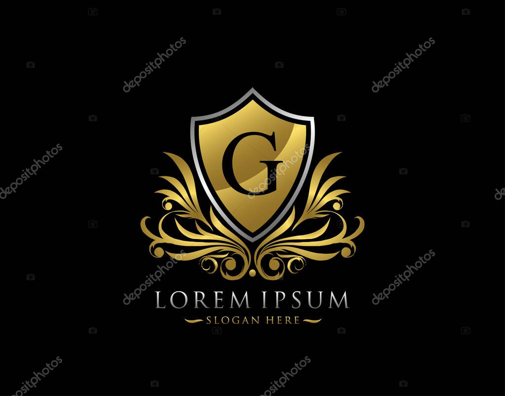 Luxury Shield G Letter Logo. Graceful Elegant gold shield icon design.