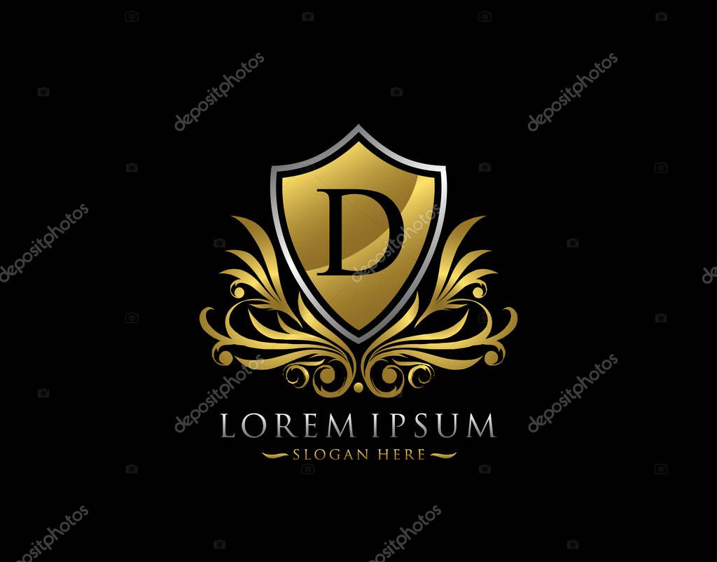Luxury Shield D Letter Logo. Graceful Elegant gold shield icon design.