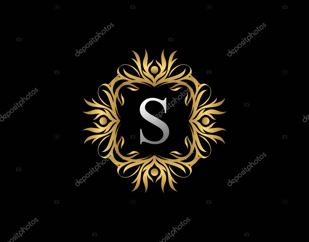 Callygraphic Badge S Letter Logo. Luxury Gold vintage emblem with beautiful classy floral ornament. Vintage Frame design Vector illustration.