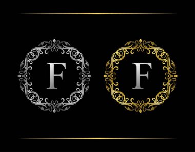 Zarif Rozet F Harfi Logosu. Zarif çiçek süsüyle süslü lüks bir amblem. Klasik Çerçeve Tasarımı Vektör illüstrasyonu.