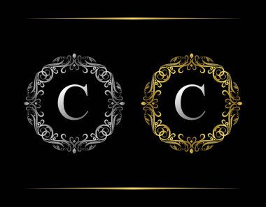 Zarif Rozet C Harfi Logosu. Zarif çiçek süsüyle süslü lüks bir amblem. Klasik Çerçeve Tasarımı Vektör illüstrasyonu.