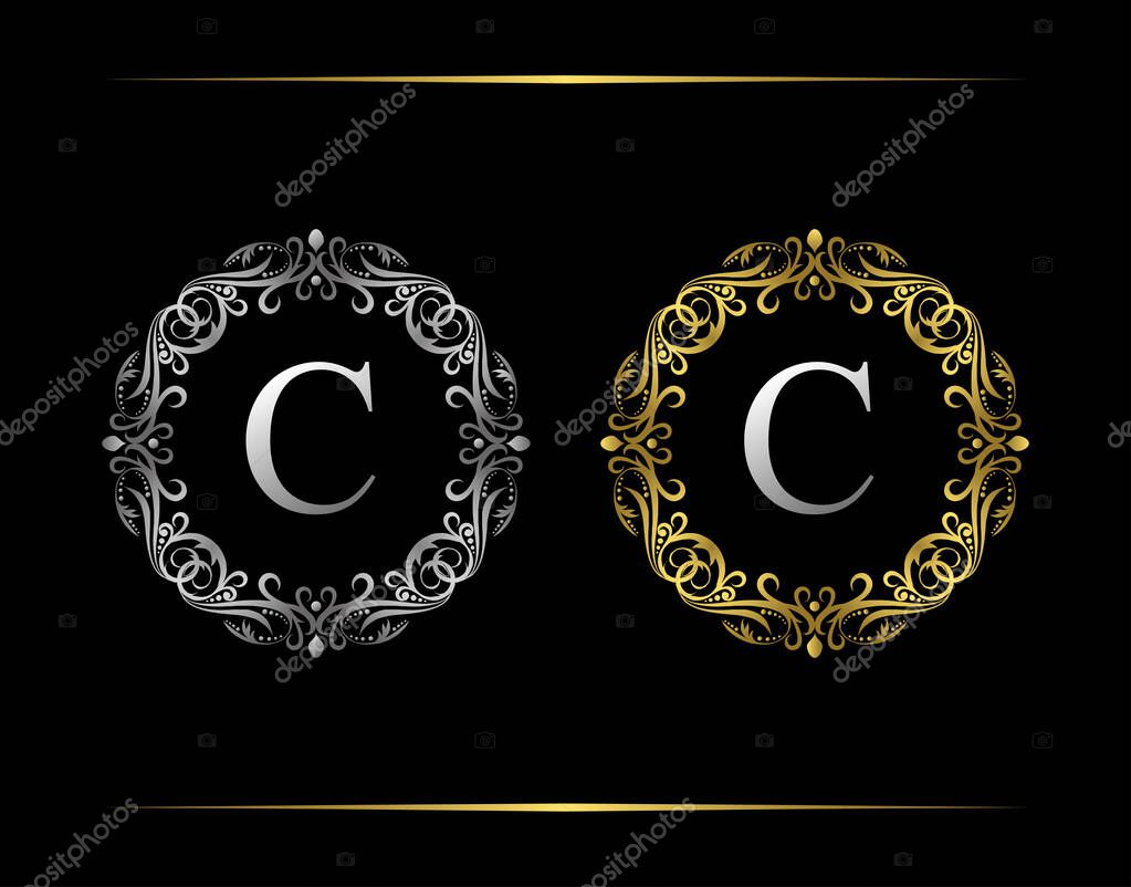Graceful Badge C Letter Logo. Luxury emblem with beautiful classy floral ornament. Vintage Frame design Vector illustration.