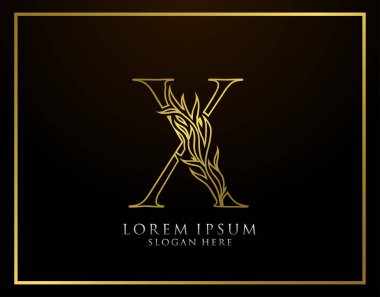 Zarif X Harfi Simgesi. Lüks Altın Alfabe Sanatları logosu. Kitap tasarımı için klasik amblem, marka adı, mühür, restoran, butik, otel.  