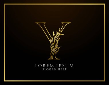 Zarif Y harfi simgesi. Lüks Altın Alfabe Sanatları logosu. Kitap tasarımı için klasik amblem, marka adı, mühür, restoran, butik, otel.  