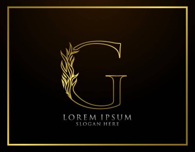 Zarif G Harfi Simgesi. Lüks Altın Alfabe Sanatları logosu. Kitap tasarımı için klasik amblem, marka adı, mühür, restoran, butik, otel.  