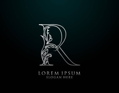 Klasik R Harfi Simgesi. Lüks Gümüş Kaligrafi Sanatı logosu. Kitap tasarımı için klasik amblem, marka adı, mühür, restoran, butik, otel.  