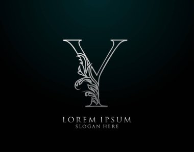 Klasik Y Harfi Simgesi. Lüks Gümüş Kaligrafi Sanatı logosu. Kitap tasarımı için klasik amblem, marka adı, mühür, restoran, butik, otel.  
