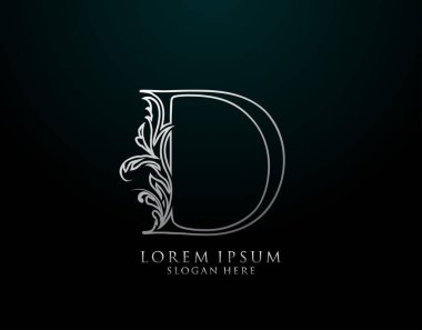 Klasik D harfi simgesi. Lüks Gümüş Kaligrafi Sanatı logosu. Kitap tasarımı için klasik amblem, marka adı, mühür, restoran, butik, otel.  