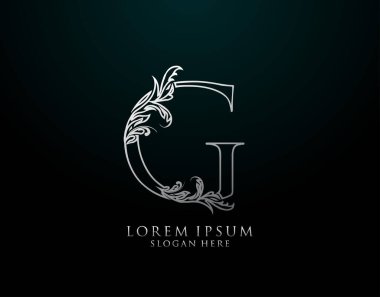 Klasik G Harfi Simgesi. Lüks Gümüş Kaligrafi Sanatı logosu. Kitap tasarımı için klasik amblem, marka adı, mühür, restoran, butik, otel.  
