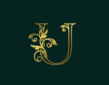 Gold U Lüks Logo Simgesi, Zarif Harf Logosu Tasarımı. Lüks Gümüş Kaligrafi Sanatı logosu.  