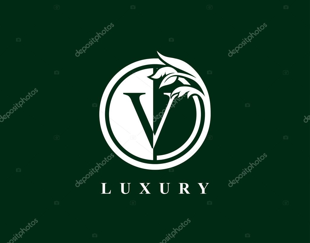 Graceful Circle V Letter Floral Logo. Luxury V Swirl Circle Logo Icon