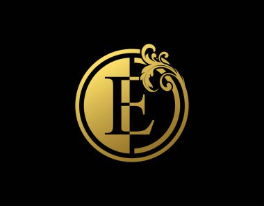 Lüks Çember E Harf Çiçek Logosu. Klasik Altın E Girdap Simgesi.
