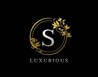Lüks Çember S Harf Çiçek Tasarımı. Zarif Altın S Kraliyet Logosu Simgesi.