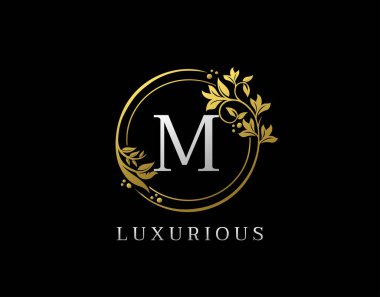 Lüks Çember M Harf Çiçek Tasarımı. Zarif Altın M Kraliyet Logosu Simgesi.
