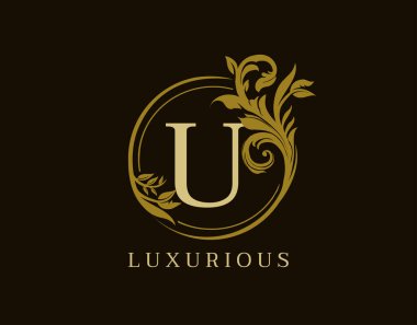 Lüks Mektup Çiçek Tasarımı. Kraliyet U Vintage Logo Simgesini Çember.