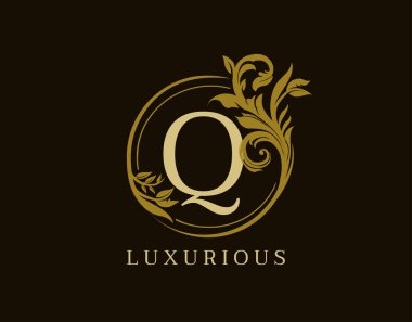 Lüks Q Harfi Çiçek Tasarımı. Kraliyet Q Vintage Logo Simgesini Çember.