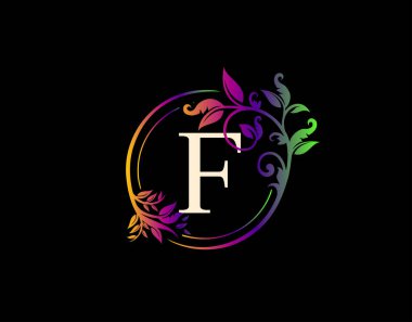 Lüks F Harfi Çiçek Tasarımı. Renkli Şehir Girdabı F Logosu Simgesi.