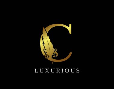 Altın Tüy C Harfi Lüks Logo simgesi, vektör tasarım konsepti tüyü ilk başta lüks iş, firma, hukuk servisi, butik ve daha fazla marka kimliği için..