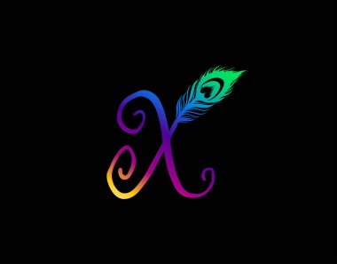 Egzotik Tavus kuşu tüyüyle süslenmiş Eşsiz X Harfi. 