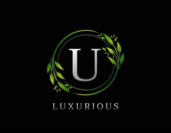 Elegante Letra Verde Diseño Floral Círculo Verde Hoja Logo Icono — Archivo Imágenes Vectoriales