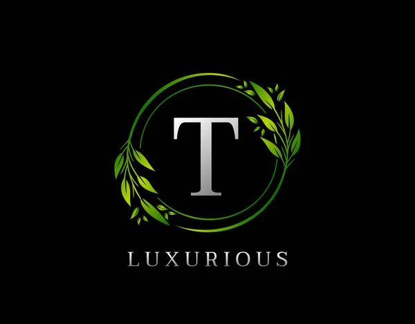 Elegant Letter Green Floral Design Circle Green Leaf Logo Icon — Stock Vector