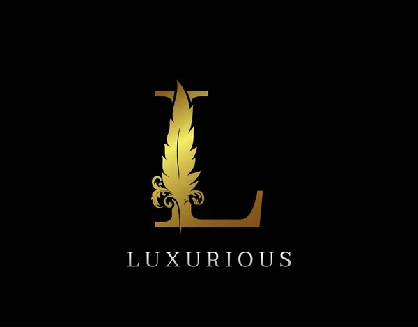 Golden Feather Letter Luxury Brand Logo Ikona Wektor Koncepcji Pióro — Wektor stockowy