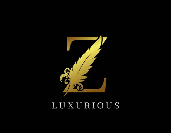 Złote Pióro List Luxury Brand Logo Ikona Wektor Koncepcji Pióro — Wektor stockowy
