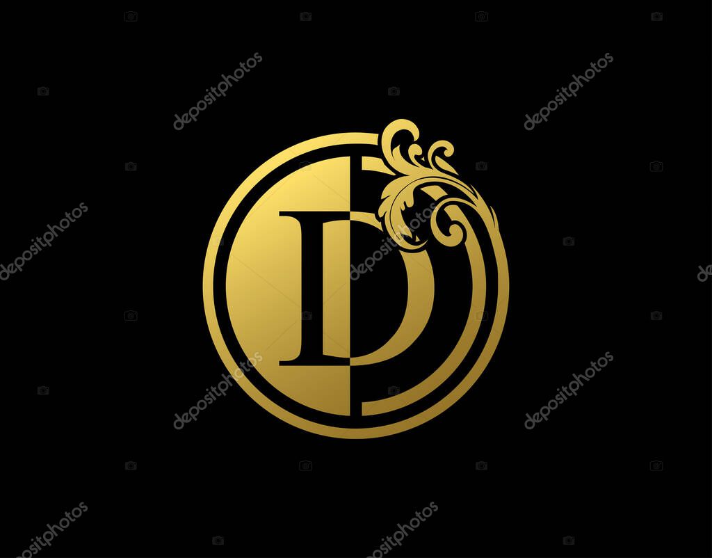 Luxury Circle D Letter Floral Logo. Vintage Gold D Swirl Logo Icon.
