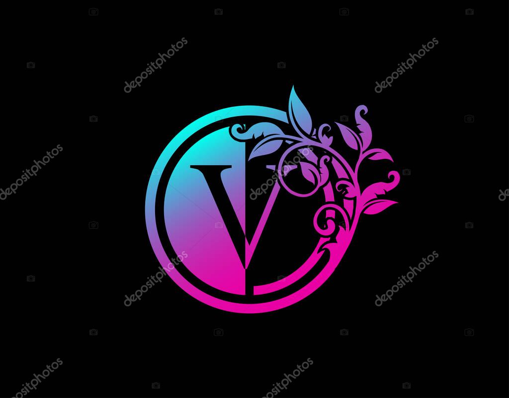 Circle V Letter Floral Logo. Luxury V Swirl Logo Icon perfect for salon, yoga, restaurant, boutique and letter stamp.