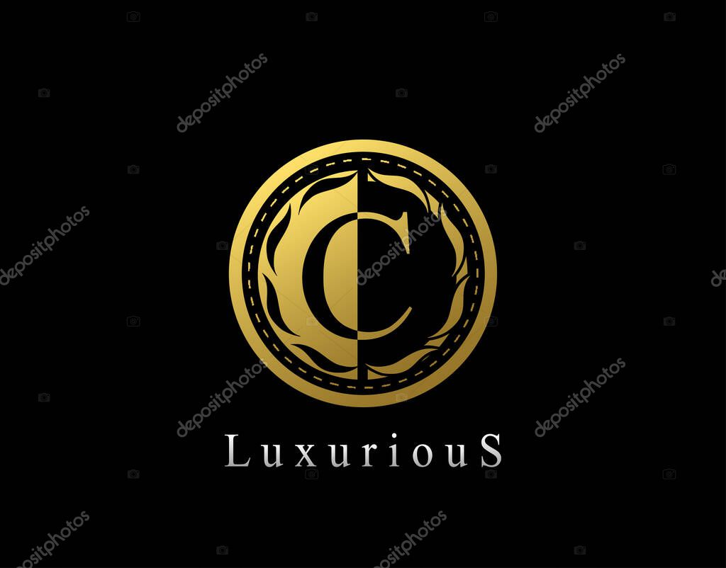 Luxury Circle C Letter Floral Design. Vintage Gold C Royal Logo Icon.