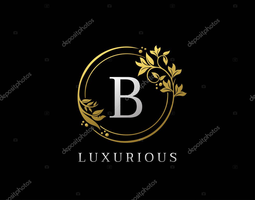 Luxury Circle B Letter Floral Design. Elegant Gold B Royal Logo Icon.