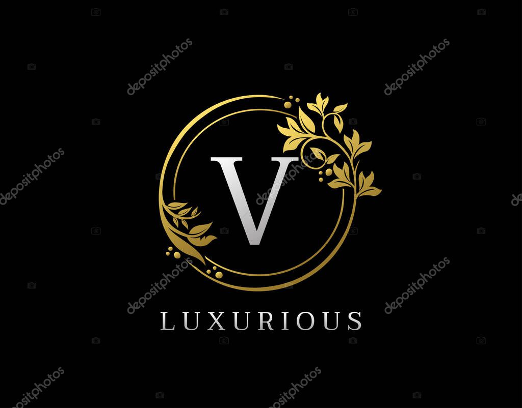 Luxury Circle V Letter Floral Design. Elegant Gold V Royal Logo Icon.