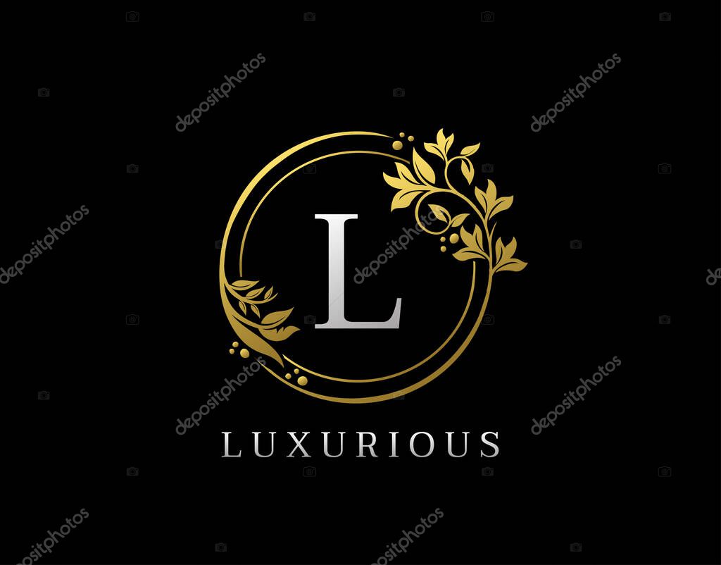 Luxury Circle L Letter Floral Design. Elegant Gold L Royal Logo Icon.