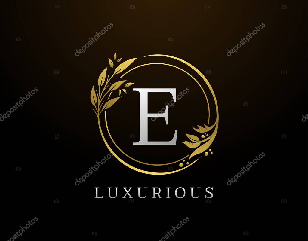 Elegant E Letter Floral Design. Circle Luxury E Gold Logo Icon.