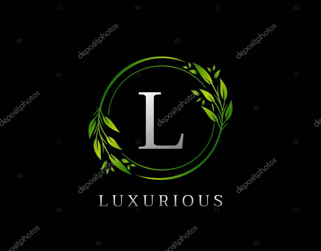 Elegant L Letter Green Floral Design. Circle Green Leaf L Logo Icon.