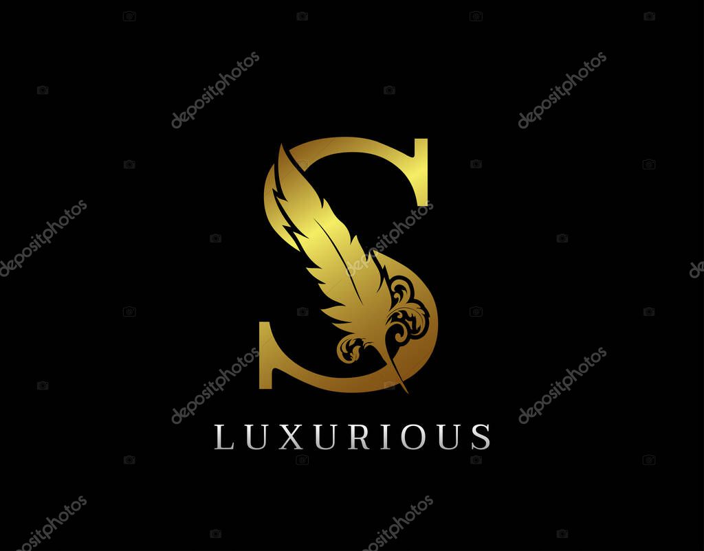 Golden Feather Letter S Luxury Brand Logo icon, vector design concept feather with letter for initial luxury business, firm, law service, boutique and more brand identity.