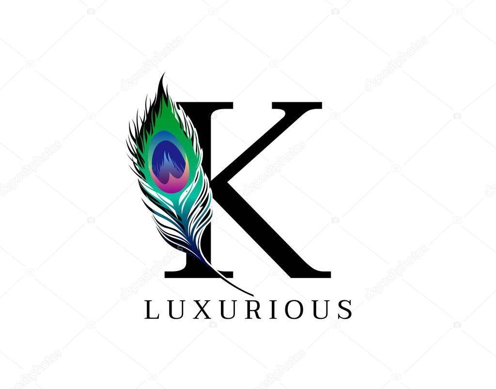K Letter Decorated With Exotic Peacock Feather.