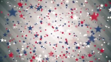 Yıldızlar ve çizgiler: kırmızı, beyaz ve mavi yıldız şekilleri kameranın yanından yavaşça geçer - döngüleme, tam HD Amerikan, ABD stili hareket arkaplan animasyonu.
