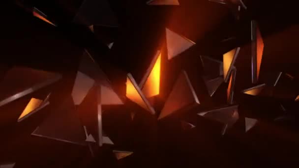 Technology Motion Background Loop Dark Spinning Triangles Reflecting Warm Light — Stock Video