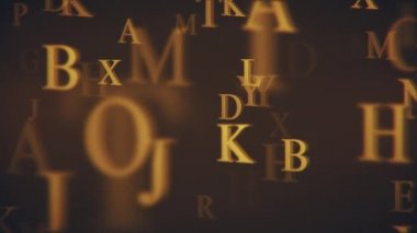 Klasik tipografik arka plan animasyonu alfabenin altın harfleri yavaşça kameraya doğru hareket ediyor. Döngü ve Tam HD.