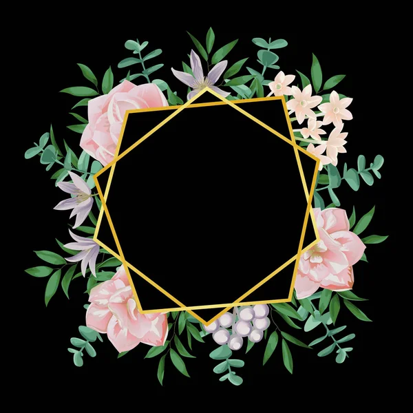 Rose gold circle frame with floral on marble background for