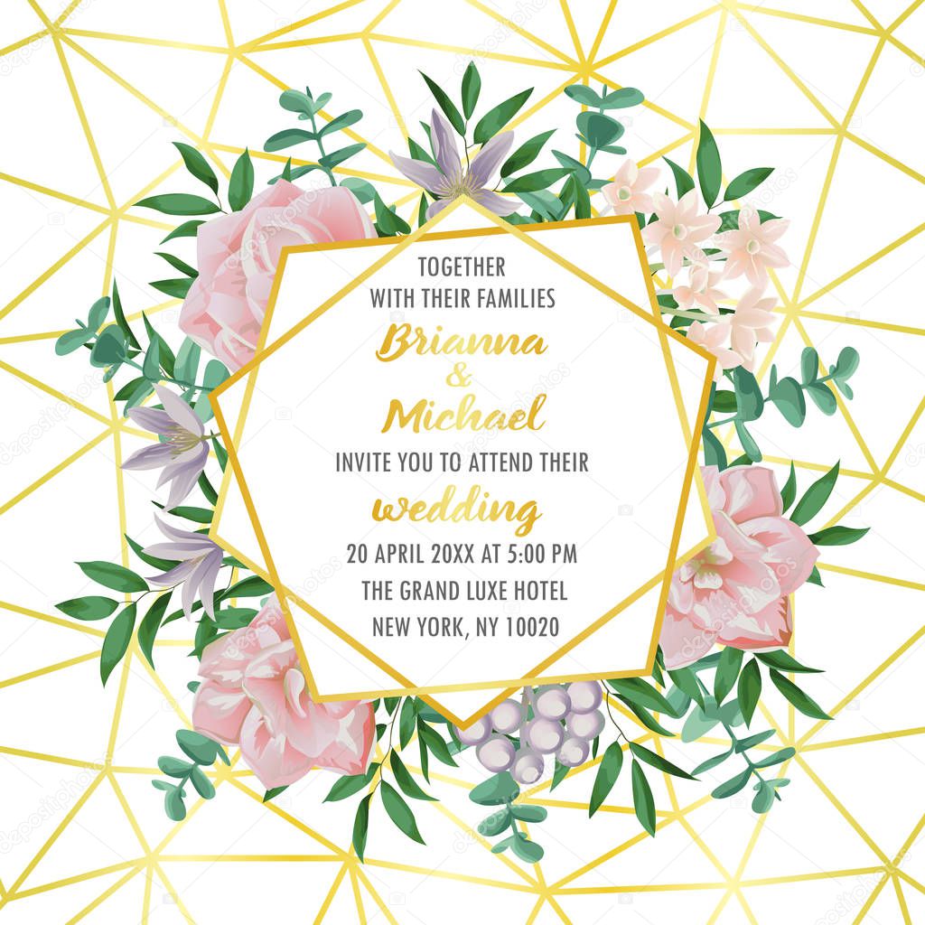 Wedding invitation with Geometric Frame, Flowers and Greenery