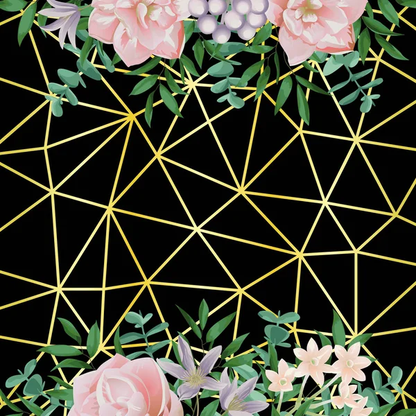Or fond géométrique avec fleurs et verdure — Image vectorielle
