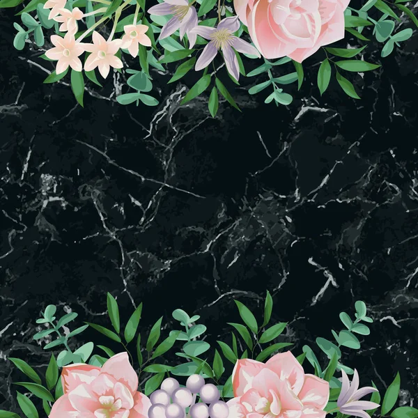 Plantilla de lujo con flores rosadas en mármol negro — Vector de stock