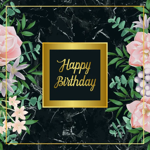 Tarjeta de cumpleaños feliz de lujo con flores rosadas en mármol negro — Vector de stock