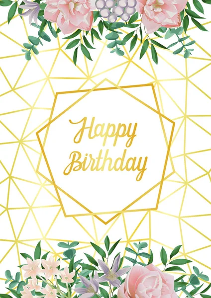 Happy Birthday kaart met geometrische Frame, bloemen en groen — Stockvector