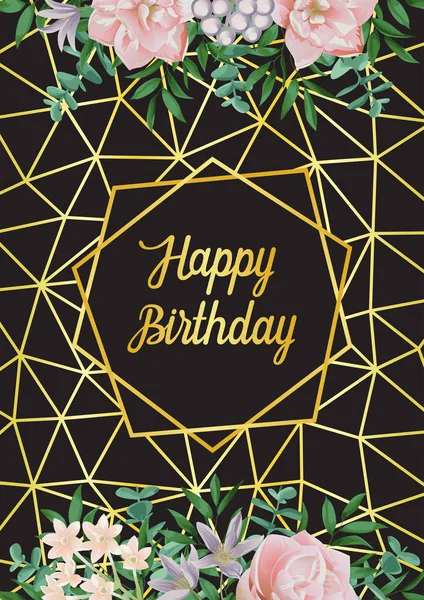 Tarjeta de cumpleaños feliz con marco geométrico, flores y vegetación — Vector de stock